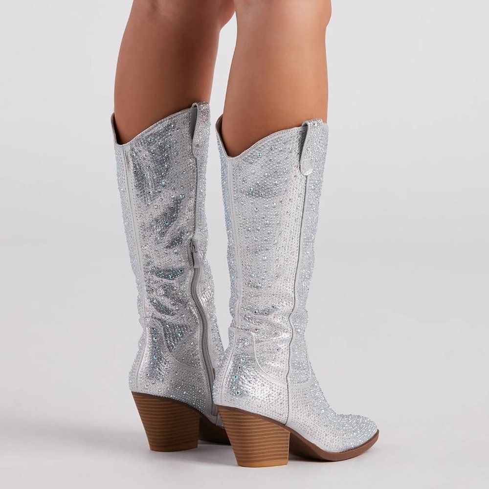 NEW🔥 Bling Jeweled Rhinestone Pointed-Toe Western Cowboy CowGirl Boot Knee-High - Picture 8 of 8